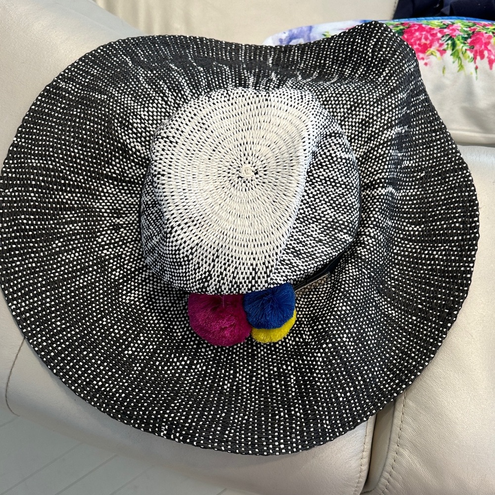 henri bendel Black and White Straw Sun Hat with Pink Blue Yellow Pom Poms